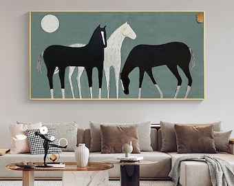 Abstract Black and White Horses oil painting on Canvas, Large Original Horse Canvas Wall Art, Modern Animal Painting for Living Room Bedroom