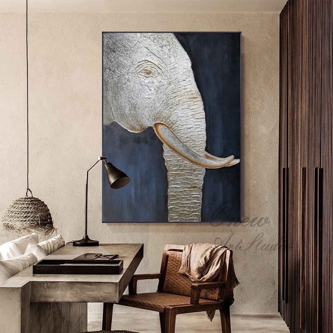 Large Abstract Silver Elephant Oil Painting on Canvas, Original ...