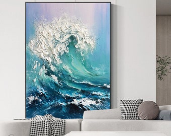 Large Abstract Ocean Waves Canvas Wall Art, Original Seascape Oil Painting on Canvas, Modern Textured Sea Waves Oil Painting for Living Room