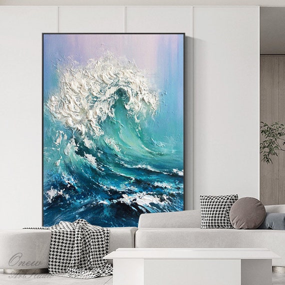 Etsy Modern Waves Art, Seascape Canvas on Original Ocean Bedroom Canvas, Waves Painting Oil Painting Blue Art, Abstract for - Textured Wall Wall