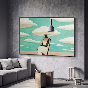 May include: Abstract painting of a person sitting in a chair with clouds above their head. The painting is in a black frame and is hanging on a gray wall.