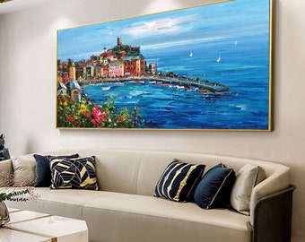 キャンバスアート 地中海 油絵 大 （大型）手書き油絵 地中海の風景