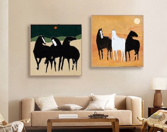 Large Abstract Black and White Horse Oil Painting on Canvas, Original Hand-painted Horses Canvas Art, Modern Animal Wall Art for Living Room