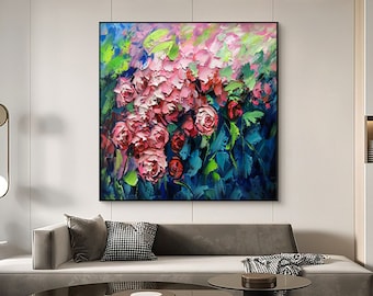 Original Pink Roses Oil Painting on Canvas, Large Impressionist Flowers Canvas Wall Art, Modern Textured Floral Oil Painting for Living Room