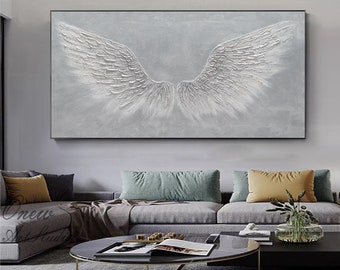 Original Angel Wing Oil Painting on Canvas, Large Abstract Feather Wings Canvas Wall Art, Modern Minimalist Artwork for Living Room Bedroom