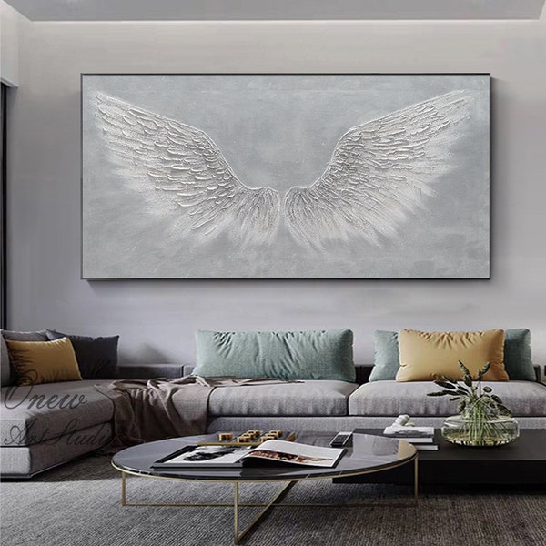 Original Angel Wing Oil Painting on Canvas, Large Abstract Feather Wings Canvas Wall Art, Modern Minimalist Artwork for Living Room Bedroom