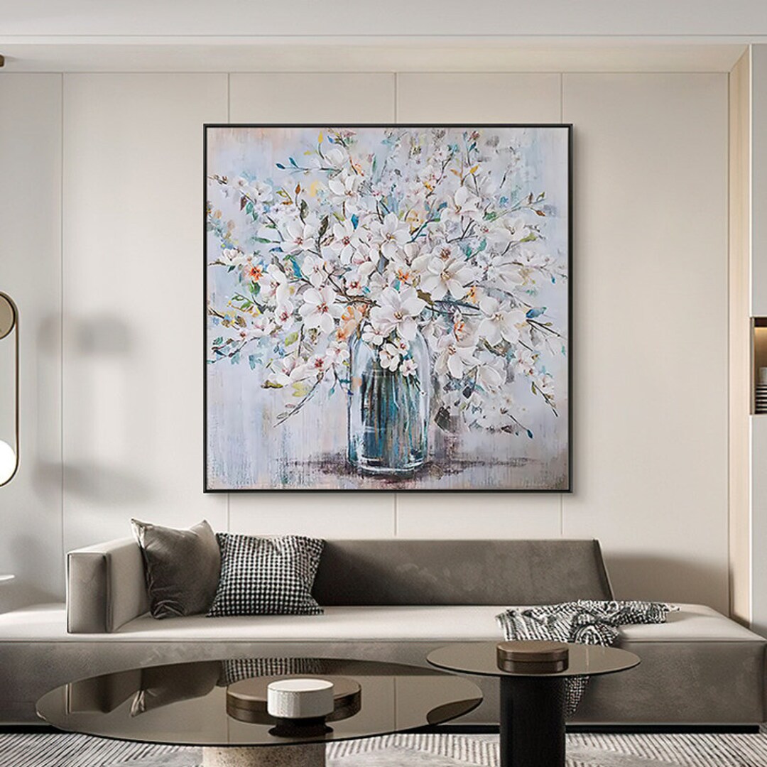 Original White Flowers Oil Painting on Canvas, Large Abstract Flowers