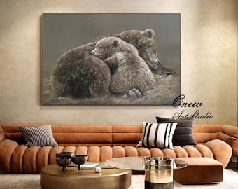 クマのオリジナル絵画、クマの家族、野生の自然アート、ギフトの