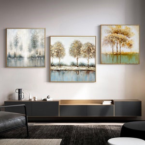 Large Original Landscape Oil Painting on Canvas, Abstract Trees and lake Canvas Wall Art, Modern Forest Wall Art for Living Room, Home Décor