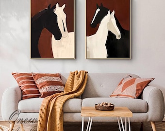 Abstract Black and White Horses Oil Painting on Canvas, Large Original Horse Canvas Wall Art, Modern Animal Wall Art for Living Room Bedroom