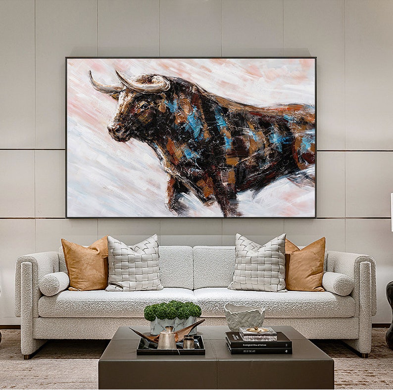 Abstract Bull Oil Painting on Canvas, Large Original Bull Canvas Wall ...