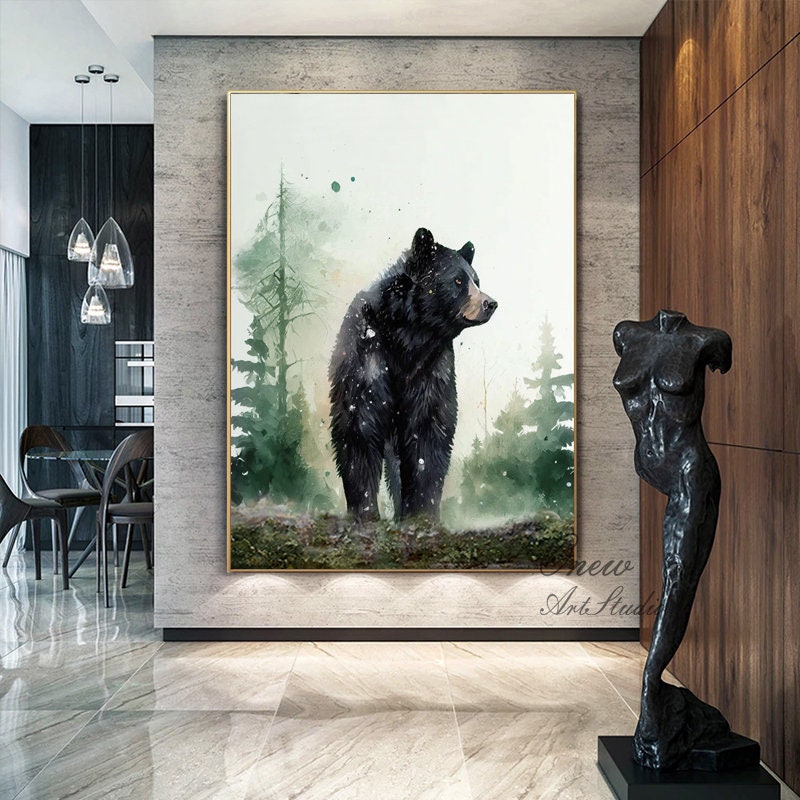 Large Abstract Black Bear Canvas Wall Art, Original Hand-painted Bear Oil Painting on Canvas, Modern Animal Painting for Living Room Bedroom