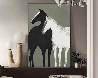 May include: Abstract art print featuring two horses, one black and one white, standing side by side against a muted green background.