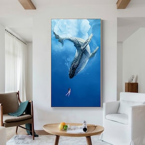Original Humpback Whale Oil Painting on Canvas, Large Abstract Ocean Canvas Wall Art, Modern Animal Wall Art for Living Room, Bedroom Decor