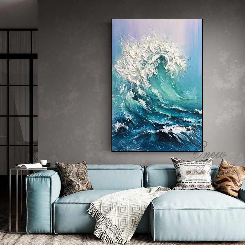  Handmade Large Wall Art Original Canvas Art Blue Abstract  Painting Large Sky And Sea Painting Textured Ocean Waves Wall Art  Contemporary Wall Art Gray Blue Wall Art 80*40 : Everything Else