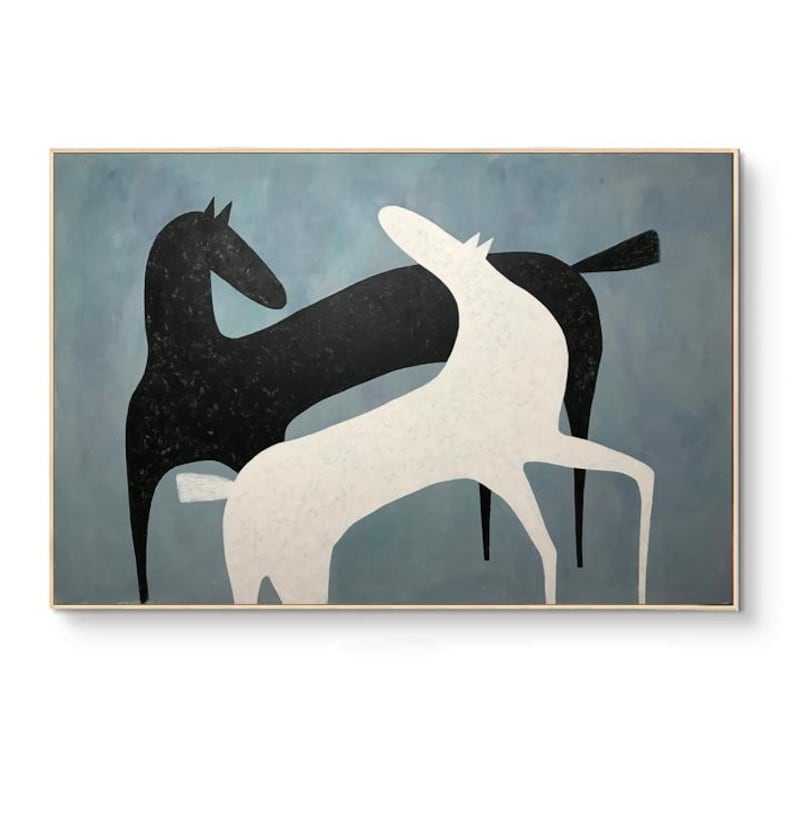 Abstract Black and White Horses Oil Painting on Canvas, Large Original ...