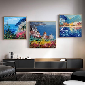 Impressionist Mediterranean-sea Oil Painting on Canvas, Large Original Coastal Cityscape Painting, Modern Seascape Wall Art for Living Room