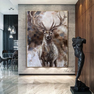Large Abstract Deer Oil Painting on Canvas, Original Hand-painted Stag Canvas Wall Art, Modern Animal Painting for Living Room,Bedroom Décor