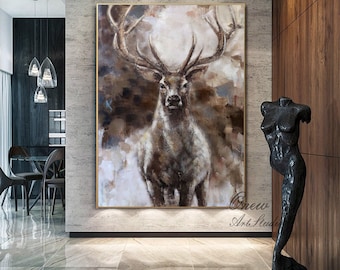 Gran pintura al óleo abstracta de ciervo sobre lienzo, arte mural original pintado a mano, pintura animal moderna para sala de estar y dormitorio.