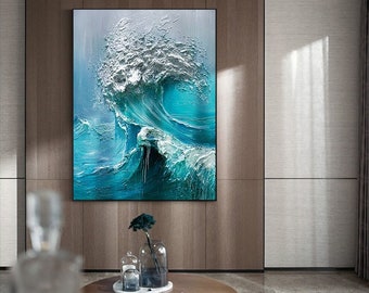 Abstract Ocean Waves Canvas Wall Art, Original Seascape Oil Painting on Canvas, Modern Textured Sea Waves Wall Art for Living Room Bedroom