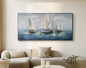 Large Abstract Sailboats Canvas Wall Art, Original Seascape Oil Painting on Canvas, Ocean Wall Art, Modern Nautical Painting for Living Room