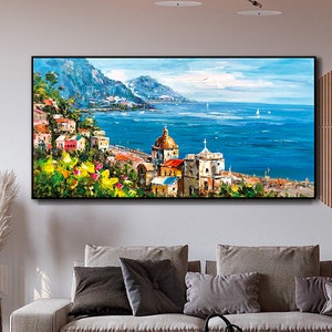 Impressionist Mediterranean-sea Oil Painting on Canvas, Large Original Coastal Cityscape Painting, Modern Seascape Wall Art for Living Room