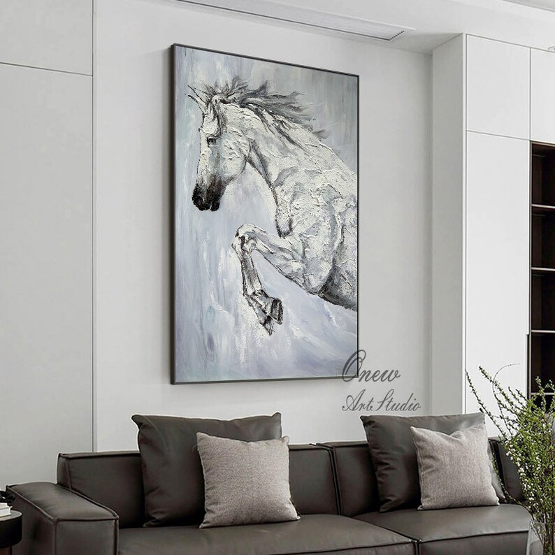 Original White Horse Canvas Wall Art Large Abstract Horse Oil Etsy