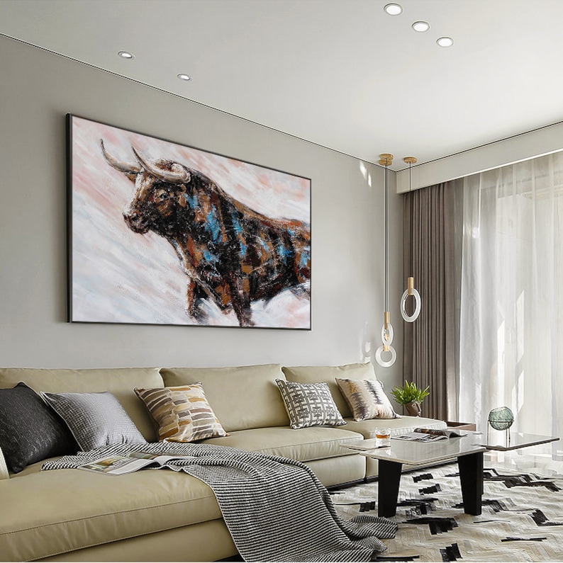 Abstract Bull Oil Painting on Canvas, Large Original Bull Canvas Wall ...