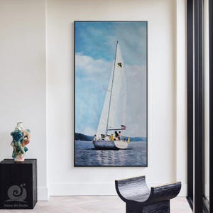 Large Classical Sailboat Oil Painting on Canvas, Original Hand-painted Seascape Canvas Wall Art, Modern Nautical Wall Art for Living Room