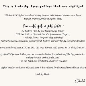 May include: Cream-colored digital sewing pattern document with black text. The text reads "Kimberly Dress pattern" and details about the PDF download, including sizes, file types, and printing instructions. The document is from Chikafrik Patterns.