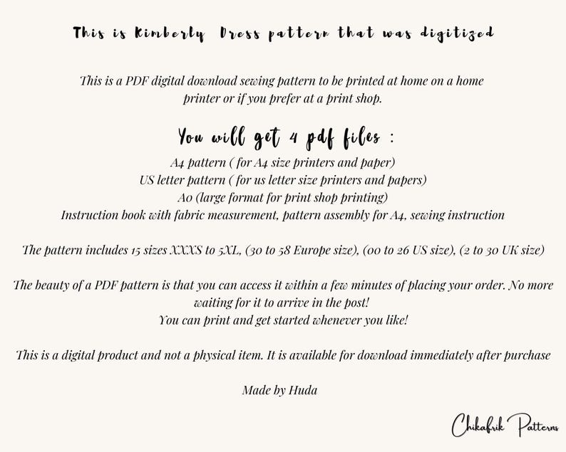 May include: Cream-colored digital sewing pattern document with black text. The text reads "Kimberly Dress pattern" and details about the PDF download, including sizes, file types, and printing instructions. The document is from Chikafrik Patterns.