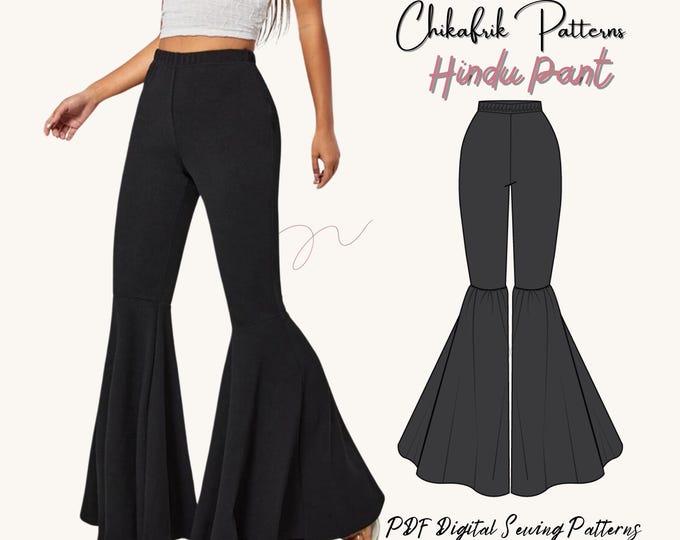 Hindu Pant|Women pant sewing pattern|pdf pant sewing pattern|stretchy pant pattern|Flairy pant pattern|70s pant sewingpattern|15sizes