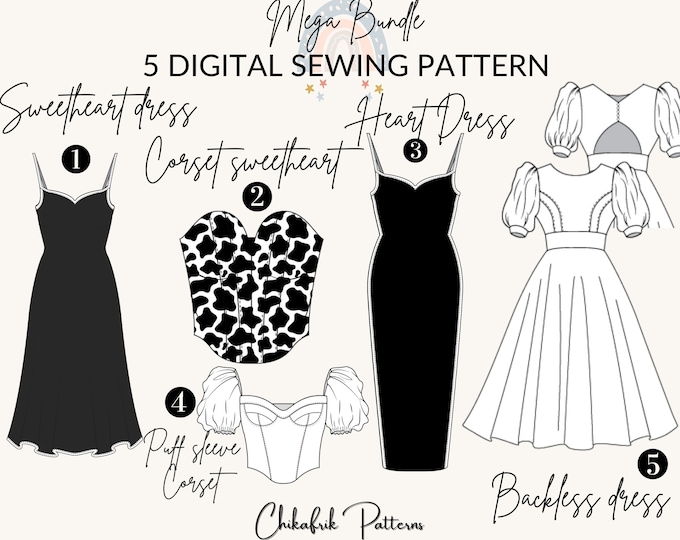 Sewing patterns bundle|women sewing pattern XXStoXXL 10 sizes|pdf digital sewing pattern|dress sewing pattern corset  pattern heart neckline