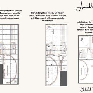 May include: Diagram showing how to assemble a pattern for a garment. The diagram shows how to assemble the pattern using 33 pages in A4 format, 33 pages in US letter format, and 2 pages in A0 format.
