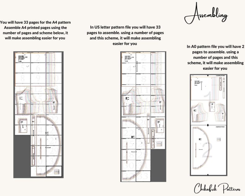 May include: Diagram showing how to assemble a pattern for a garment. The diagram shows how to assemble the pattern using 33 pages in A4 format, 33 pages in US letter format, and 2 pages in A0 format.