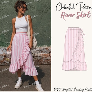 May include: A pink and white striped wrap skirt with a ruffle detail, as seen in a lifestyle shot. The skirt is paired with a white top and sneakers. The image also includes a line drawing of the skirt and the text "Chikafrik Patterns River Skirt."