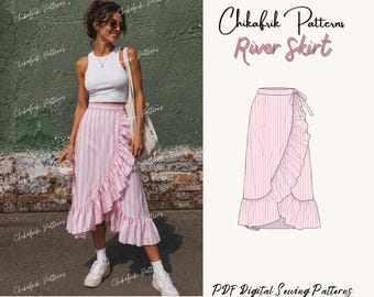 Fluss Wickelrock Schnittmuster | Gekräuselter Asymmetrischer Midirock (PDF Download)