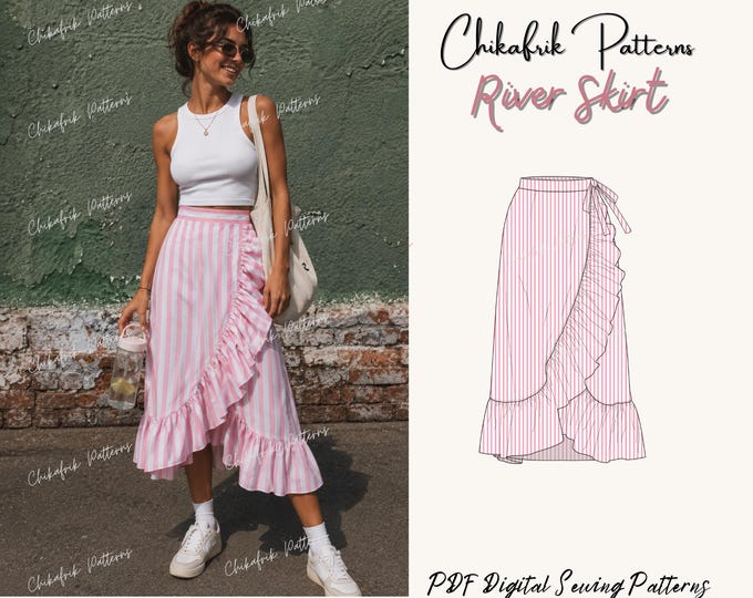 River Wrap Skirt Sewing Pattern | Ruffled Asymmetrical Midi Skirt (PDF Download)
