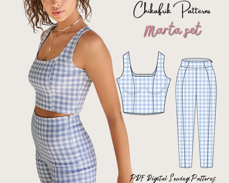 Peut inclure: Un patron de couture num&eacute;rique pour un ensemble crop top et pantalon en vichy appel&eacute; "Marta set" par Chikafrik Patterns. Le patron est pour un tissu vichy bleu et blanc.