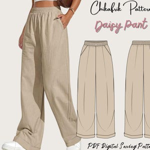 Op de afbeelding: Een digitaal naaipatroon voor een wijde broek genaamd "Daisy Pant" van Chikafrik Patterns. Het patroon bevat twee weergaven van de broek, een met een voorzak en een zonder.