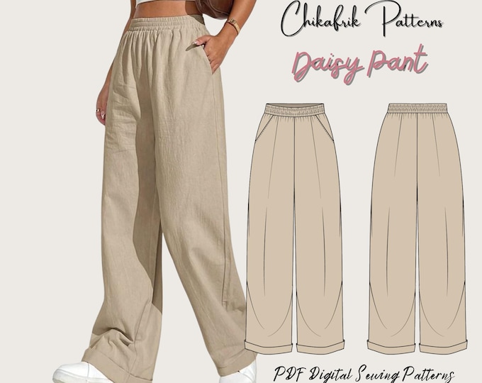 Daisy Pant Pattern|Palazzo pant sewing pattern|elastic waist pant pattern|women pant pattern|wide leg pant pattern|PDF pattern 13 sizes
