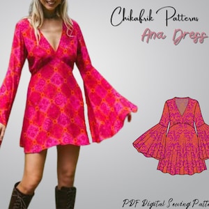 May include: A digital sewing pattern for a pink and orange dress with bell sleeves. The pattern is called "Ana Dress" and is from Chikafrik Patterns. The text "PDF Digital Sewing Patterns" is also included in the image.