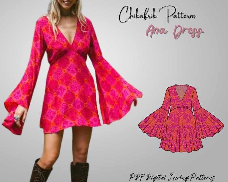 May include: A digital sewing pattern for a pink and orange dress with bell sleeves. The pattern is called "Ana Dress" and is from Chikafrik Patterns. The text "PDF Digital Sewing Patterns" is also included in the image.