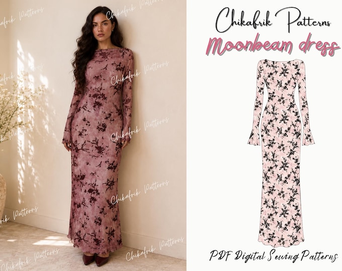 Fitted Maxi Dress Sewing Pattern PDF,Long Sleeve Formal Dress Pattern,Mesh Evening Gown pattern, Women dress pattern,bodycon dress pattern