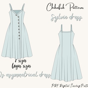 90's summer midi dress sewing pattern|digital PDF sewing pattern A4 & A0 - size XS to XXL|button down dress pattern| asymmetrical mididress