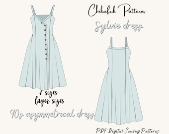 90's summer midi dress sewing pattern|digital PDF sewing pattern A4 & A0 - size XS to XXL|button down dress pattern| asymmetrical mididress