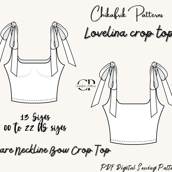 Lovelina crop top pattern|Bow straps crop top pattern|Square neckline crop top pattern|women crop top pattern|pdf digital sewing pattern