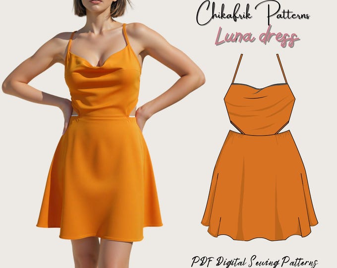 Luna dress pattern|women dress sewing pattern silky satin dress|summer dress pattern cowlneck dress sewing pattern|PDF Sewing pattern 15size