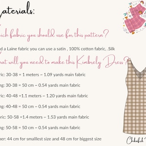 May include: A sewing pattern with text listing fabric requirements and measurements in meters and yards. The pattern includes a diagram of a plaid dress. The text includes the question, "Which fabric should you use for this pattern?" and "What will you need to make this Kimbrely Dress?"