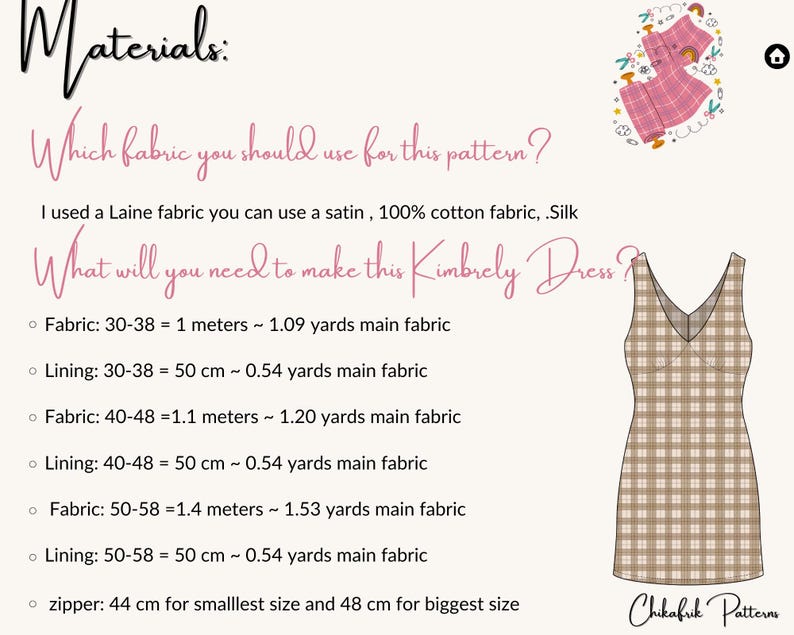 May include: A sewing pattern with text listing fabric requirements and measurements in meters and yards. The pattern includes a diagram of a plaid dress. The text includes the question, "Which fabric should you use for this pattern?" and "What will you need to make this Kimbrely Dress?"